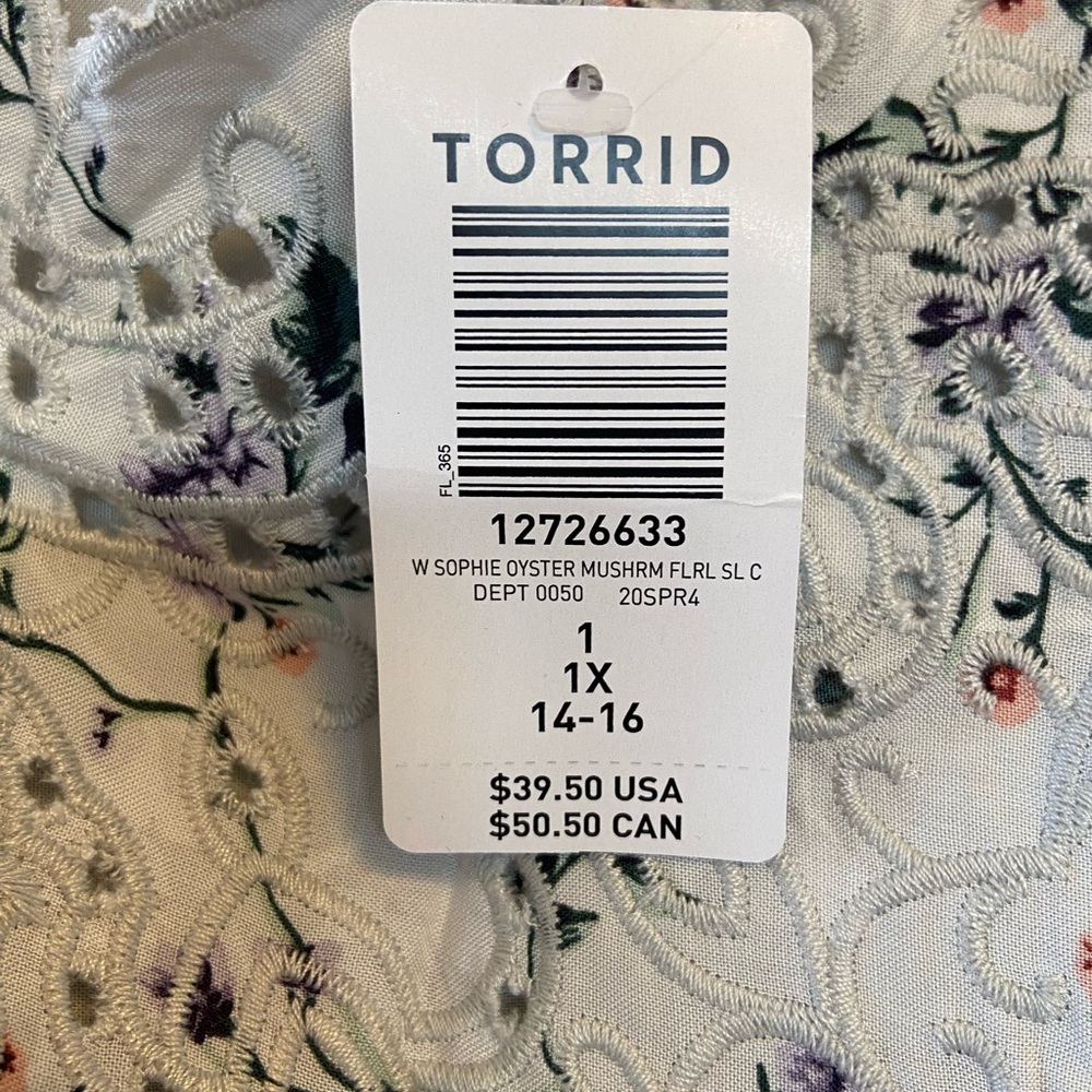 NWT Torrid Sophie Oyster Mushroom Floral Eyelet Tank | Size 1X (14-16) - Picture 4 of 4